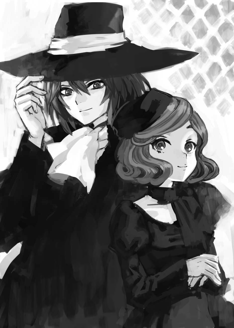 character_request, hat, highres, holding, holding_hat, monochrome, mugen_mamiya, mugen_shinshi