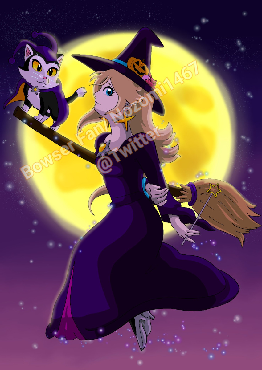 blonde_hair, broom, broom_riding, cat, dress, earrings, full_moon, hat