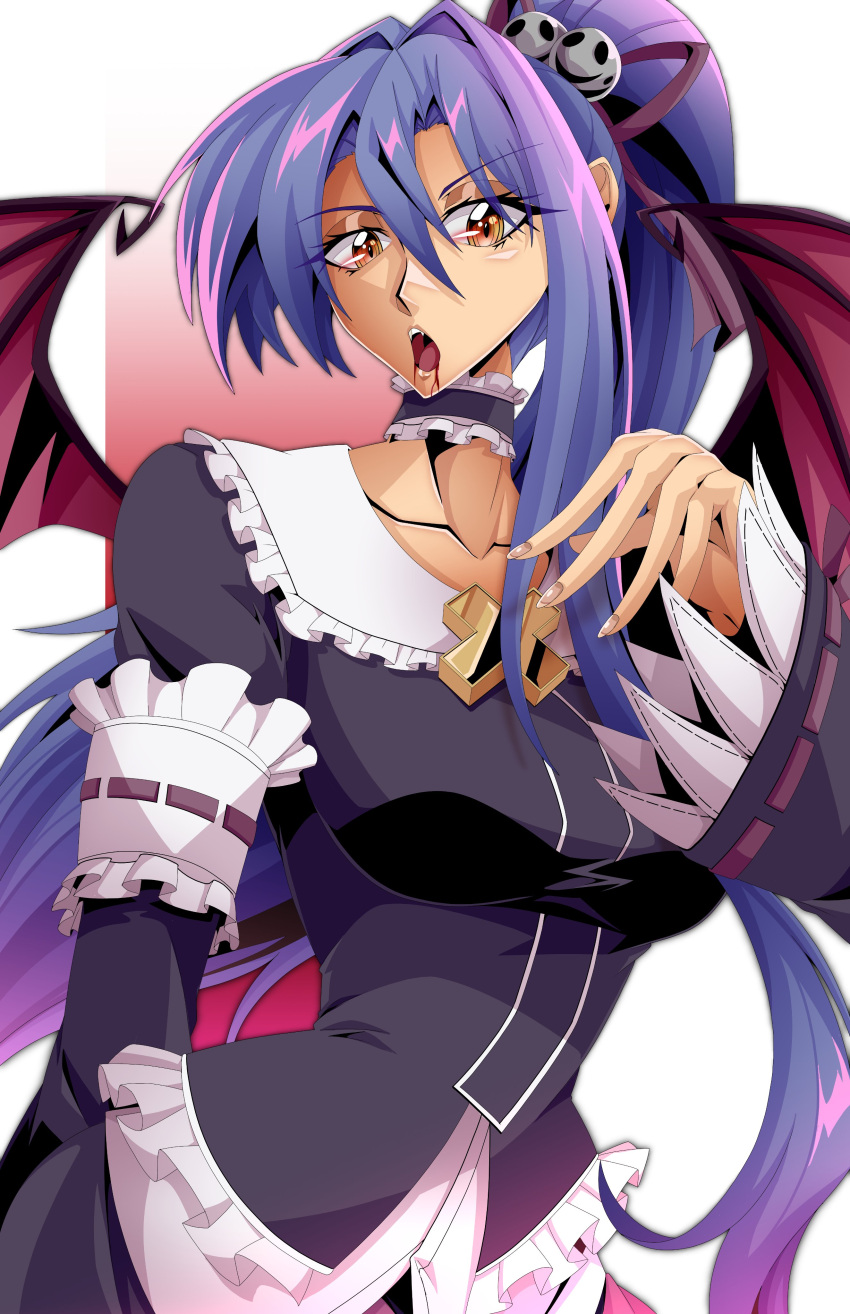 1girl, absurdres, andoryu_anzuru, bat_wings, blood, blood_from_mouth, blood_in_mouth, blood_on_face, blue_hair, breasts, curtained_hair, double-parted_bangs, dress, eiyuu_densetsu, fangs, gradient_background, hair_between_eyes, highres, large_breasts, laura_s._arseid, long_hair, long_single_sidelock, long_sleeves, looking_at_viewer, ponytail, red_background, sen_no_kiseki_(series), solo, two-tone_background, upper_body, vampire, very_long_hair, white_background, wings