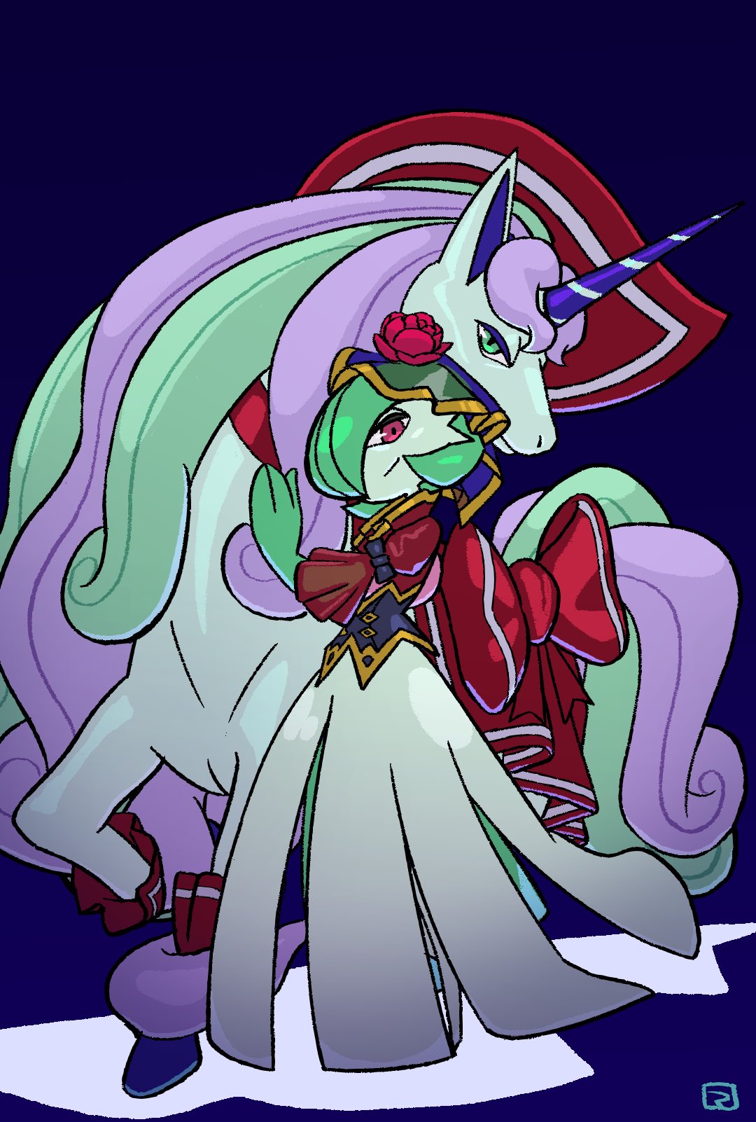 bow, colored_skin, dress, galarian_rapidash, galarian_rapidash_(elegant), gardevoir, gardevoir_(aristocrat), green_hair, green_skin, hair_over_one_eye, highres, horns, looking_at_viewer, mazinger_yy, multicolored_hair, multicolored_skin, pink_eyes, pokemon, pokemon_(creature), pokemon_unite, purple_hair, red_bow, signature, simple_background, single_horn, smile, two-tone_hair, two-tone_skin, unicorn, white_dress, white_skin