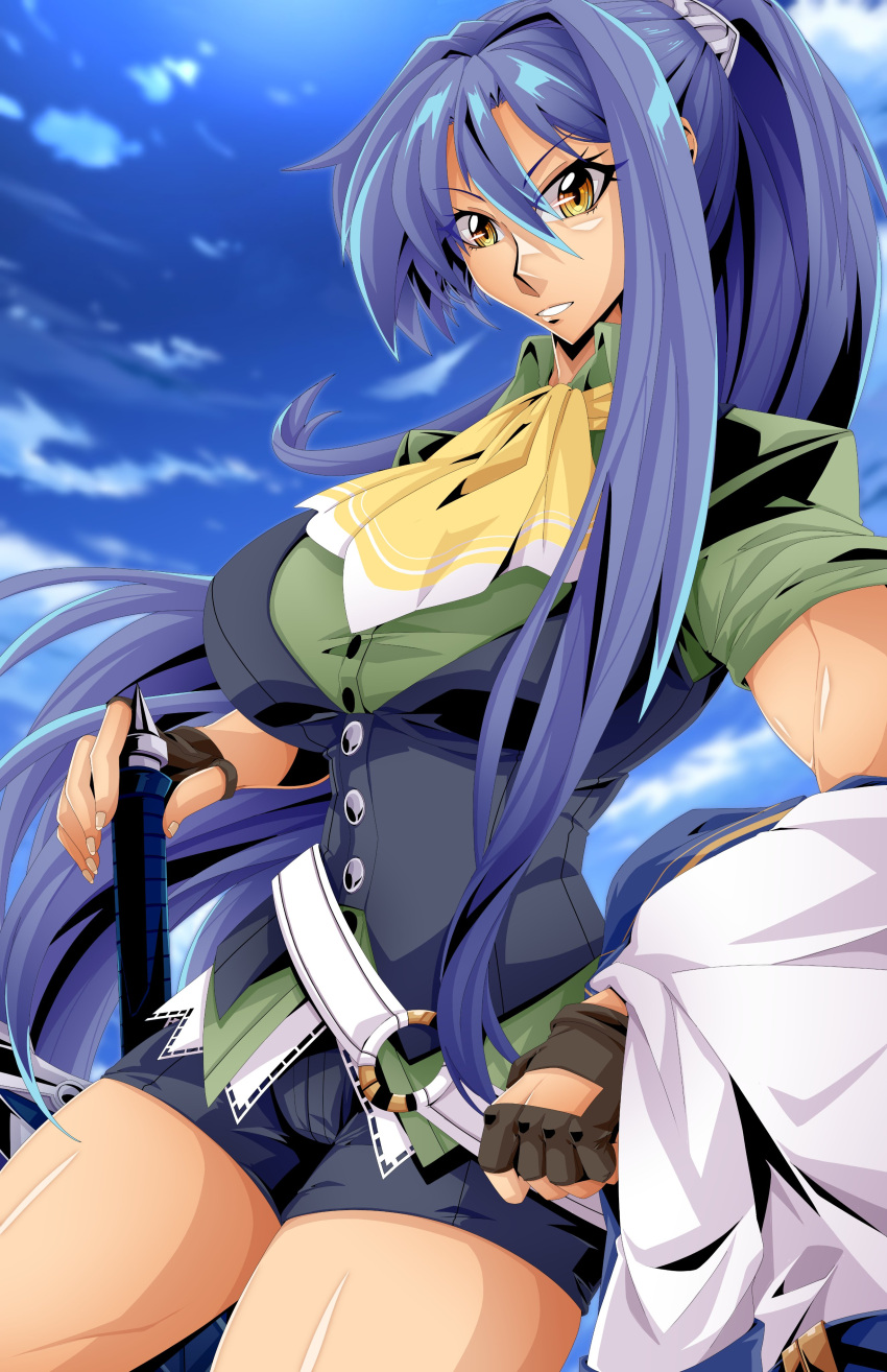1girl, absurdres, andoryu_anzuru, ascot, bike_shorts, blue_hair, blue_sky, breasts, brown_gloves, clothing_cutout, clouds, commission, double-parted_bangs, eiyuu_densetsu, english_commentary, fingerless_gloves, glove_cutout, gloves, hair_between_eyes, highres, large_breasts, laura_s._arseid, long_hair, long_single_sidelock, muscular, muscular_female, outdoors, planted, planted_sword, ponytail, sen_no_kiseki_(series), sen_no_kiseki_iii, shorts, sky, solo, sword, upper_body, very_long_hair, weapon, yellow_ascot