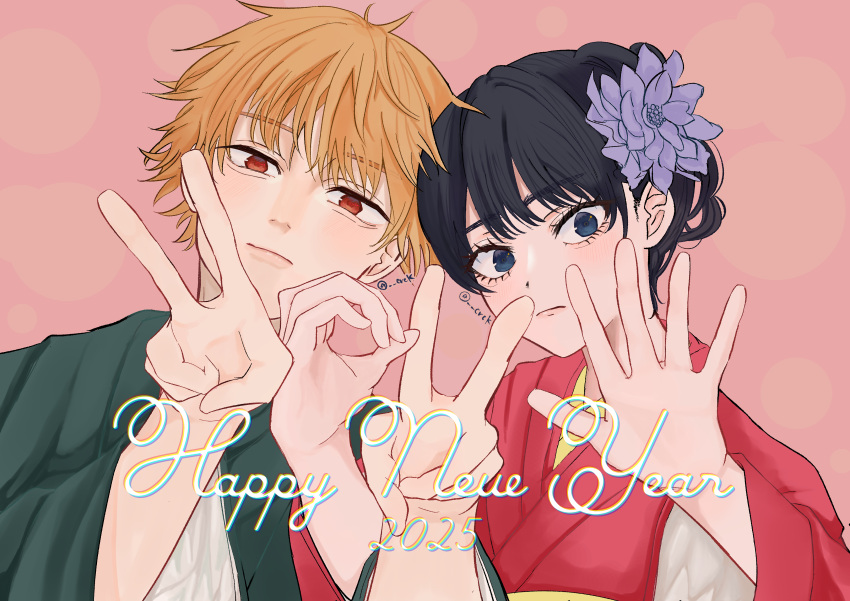 1boy, 1girl, 2025, absurdres, aegyo_sal, black_hair, blonde_hair, chainsaw_man