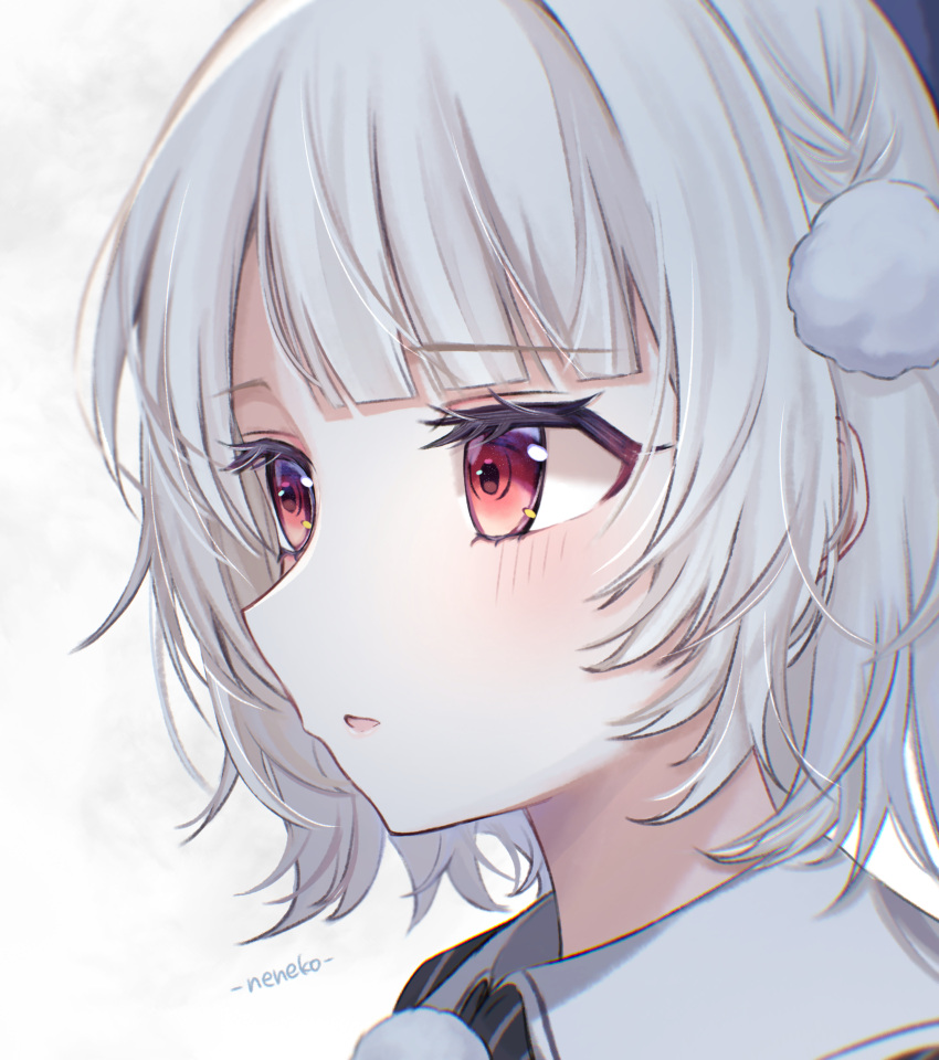 1girl, absurdres, artist_name, beret, black_hat, black_jacket, blunt_bangs, blush