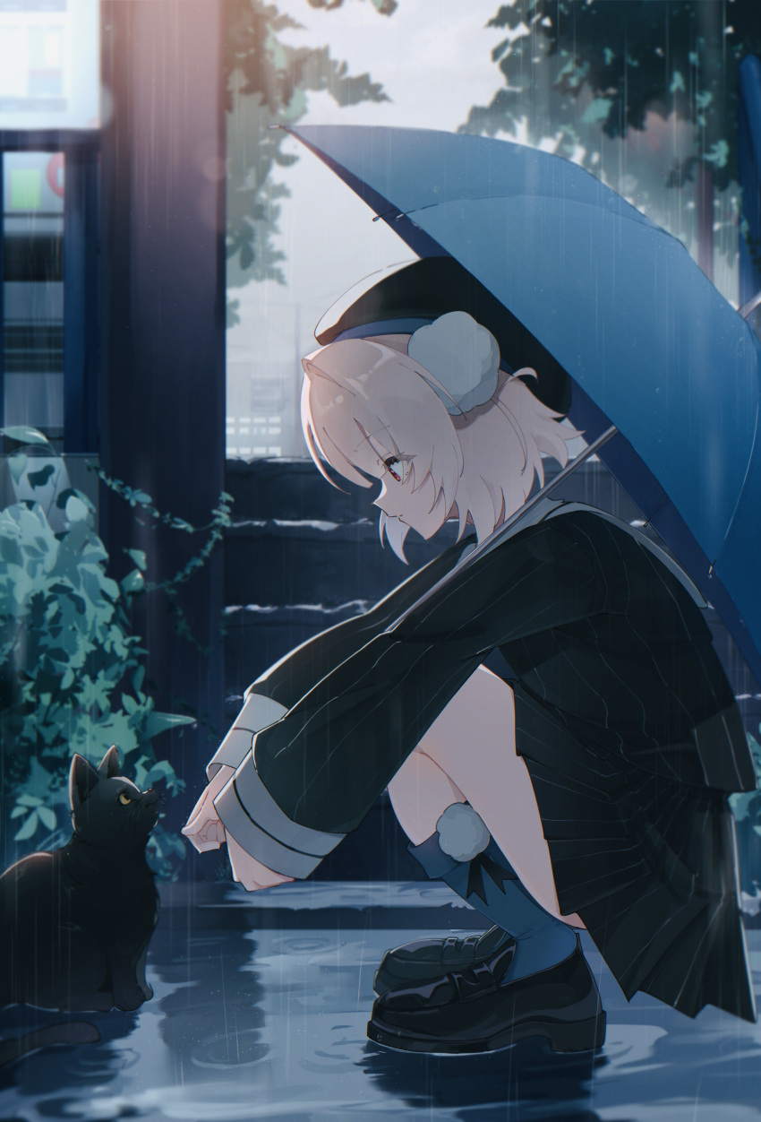 1girl, absurdres, azki_(hololive), azki_(yurufuwa_casual)_(hololive), beret, black_hat, black_jacket, black_shoes, black_skirt, blue_socks, from_side, full_body, grey_hair, hair_ornament, hat, highres, holding, holding_umbrella, jacket, kneehighs, loafers, long_sleeves, looking_at_animal, miniskirt, mocchan_(mo_chan0225), outdoors, pinstripe_jacket, pinstripe_pattern, pinstripe_skirt, pleated_skirt, pom_pom_(clothes), pom_pom_hair_ornament, profile, puddle, rain, red_eyes, reflection, sailor_collar, shoes, short_hair, skirt, sleeve_cuffs, socks, solo, ui_(voisona), umbrella, voisona, white_sailor_collar, wrist_cuffs