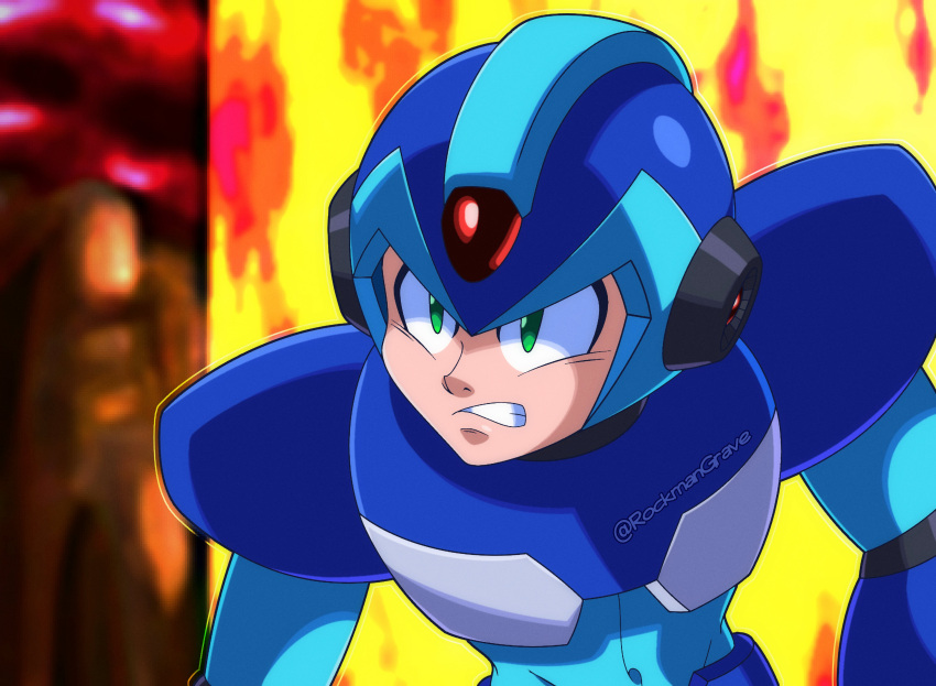 1boy, absurdres, android, armor, blue_armor, blue_helmet, blurry, blurry_background