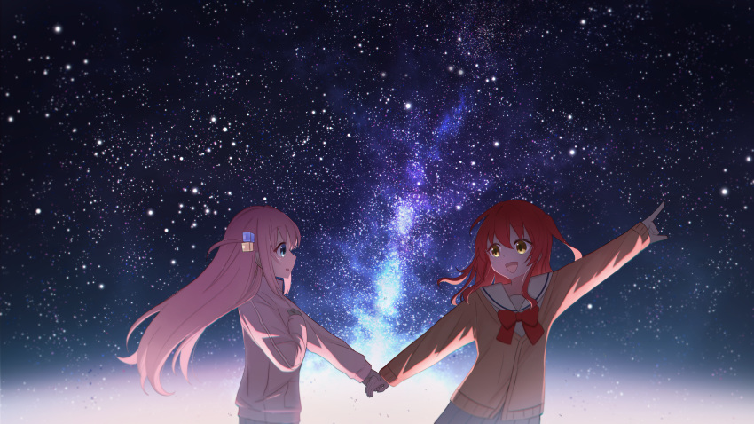 2girls, absurdres, bocchi_the_rock!, bow, bowtie, brown_cardigan, brown_eyes, cardigan, commentary_request, cube_hair_ornament, floating_hair, gotoh_hitori, hair_ornament, hand_up, highres, holding_hands, jacket, kita_ikuyo, long_hair, long_sleeves, looking_at_another, milky_way, multiple_girls, natsuyu_3, night, night_sky, open_mouth, outdoors, outstretched_arm, parted_lips, pink_hair, pink_jacket, pointing, red_bow, red_bowtie, red_hair, sailor_collar, school_uniform, shuka_high_school_uniform, sideways_mouth, sky, sky_focus, smile, star_(sky), starry_sky, track_jacket, triangle_mouth