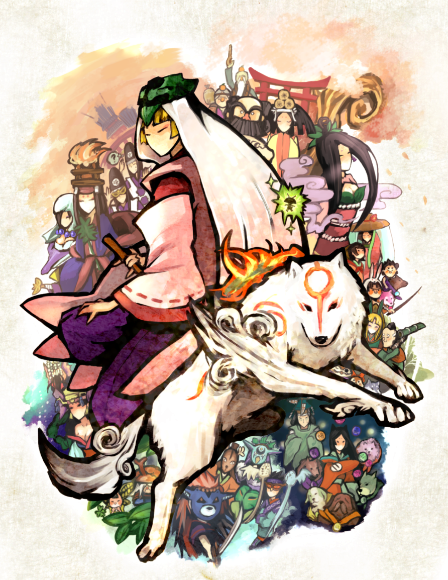 bad_id, beard, camellia, camille, capcom, character_request, chun, dog, everyone, facial_hair, hakama, himiko_(okami), himiko_(ookami), issun, japanese_clothes, kaguya, lika, mask, mr_orange, ofuda, okami, onigiri_sensei, ookami_(game), orime_(kau), otohime, princess_fuse, rao, sakuya_(okami), sakuya_(ookami), susano, sword, tattoo, ushiwakamaru, weapon, wolf