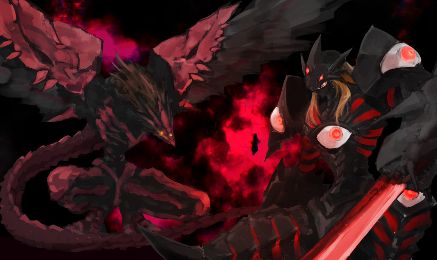 1boy, absurdres, arm_blade, armor, bird, black_armor, black_background, digimon