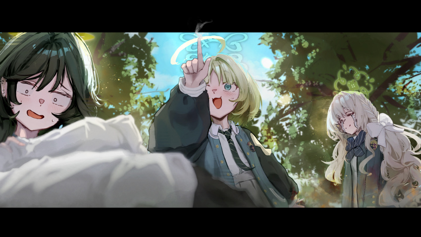 3girls, absurdres, ahoge, blue_archive, bow, bowtie, braid, crying