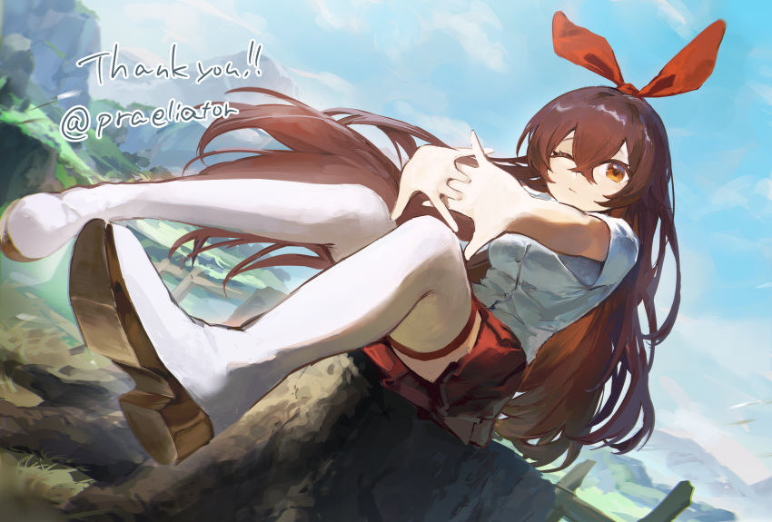 1girl, absurdres, amber_(genshin_impact), blue_sky, boots, brown_hair, commentary_request, commission