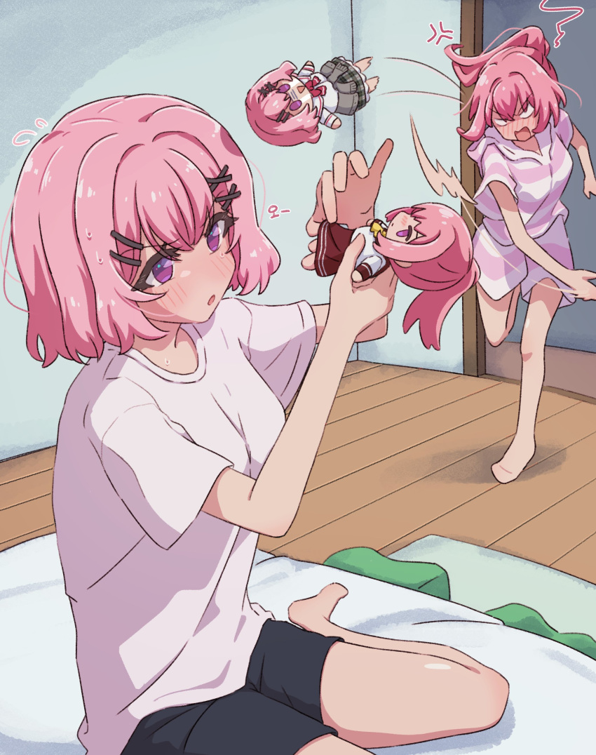 2girls, absurdres, amaori_haruna, amaori_renako, anger_vein, angry, barefoot, black_shorts