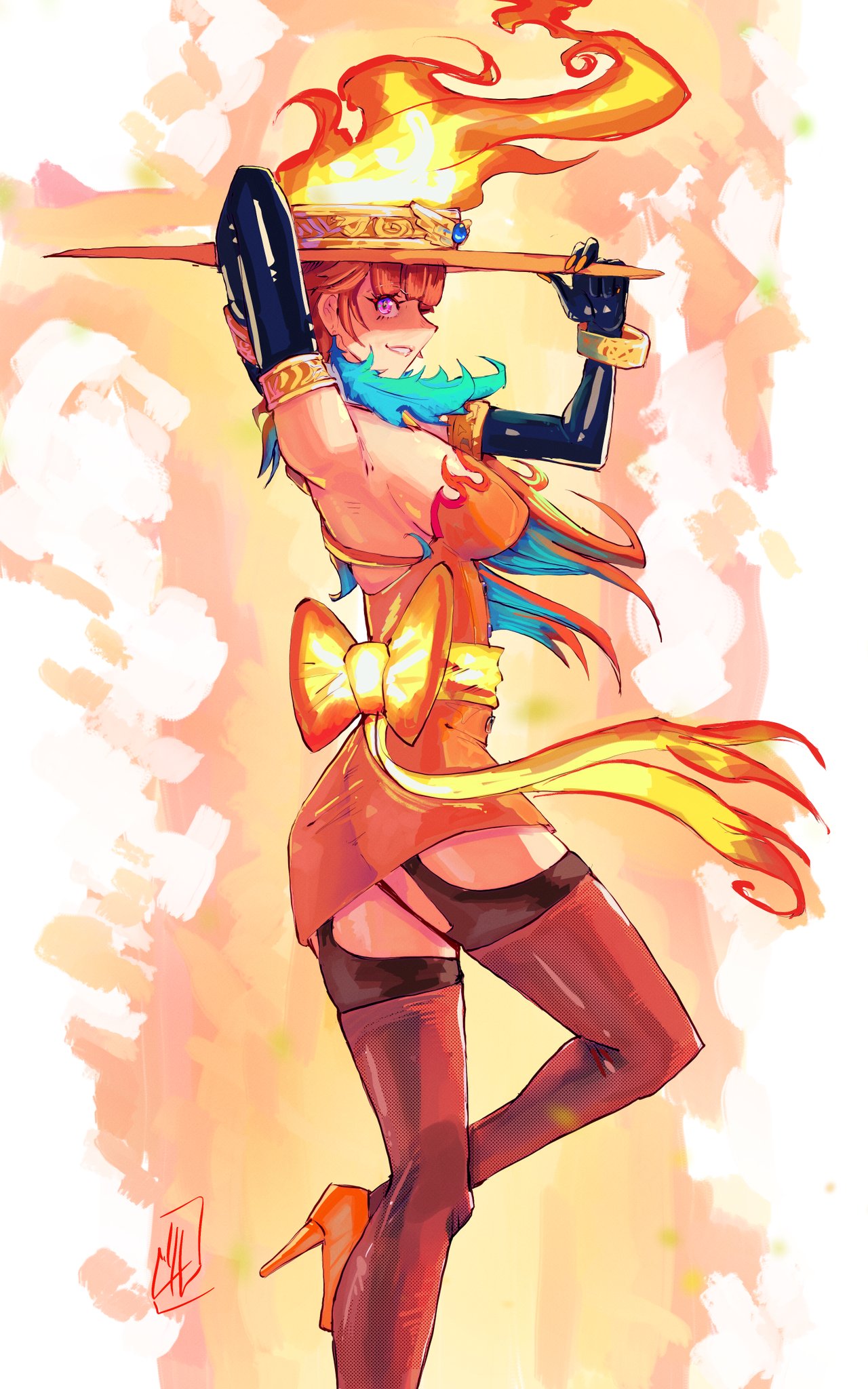 ass_visible_through_thighs, boutsoftheblind, earrings, feather_earrings, feathers, fire_ribbon, hat, high_heels