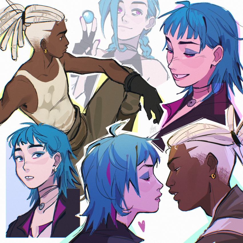 2boys, 2girls, arcane:_league_of_legends, arcane_jinx, black_gloves, blue_eyes, blue_eyeshadow, blue_hair