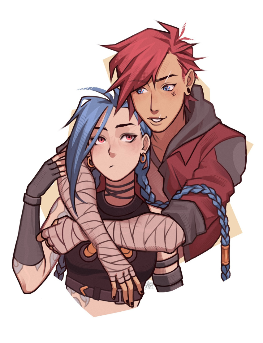 2girls, :/, arcane:_league_of_legends, arcane_jinx, arcane_vi, arm_tattoo, arms_around_neck, bandaged_arm