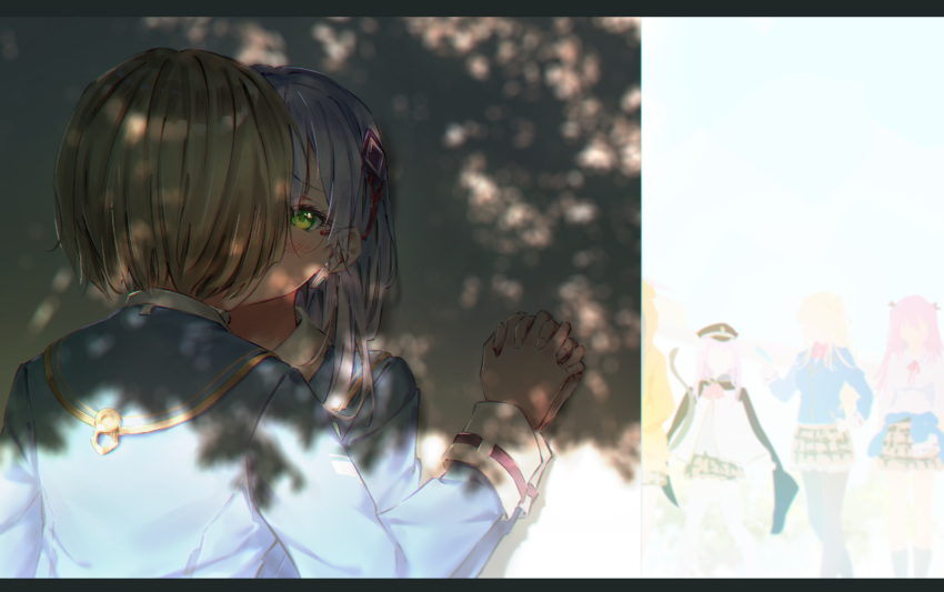 6+girls, absurdres, aikawa_megumi, asakura_karen, blonde_hair, blue_jacket, blush, brown_skirt