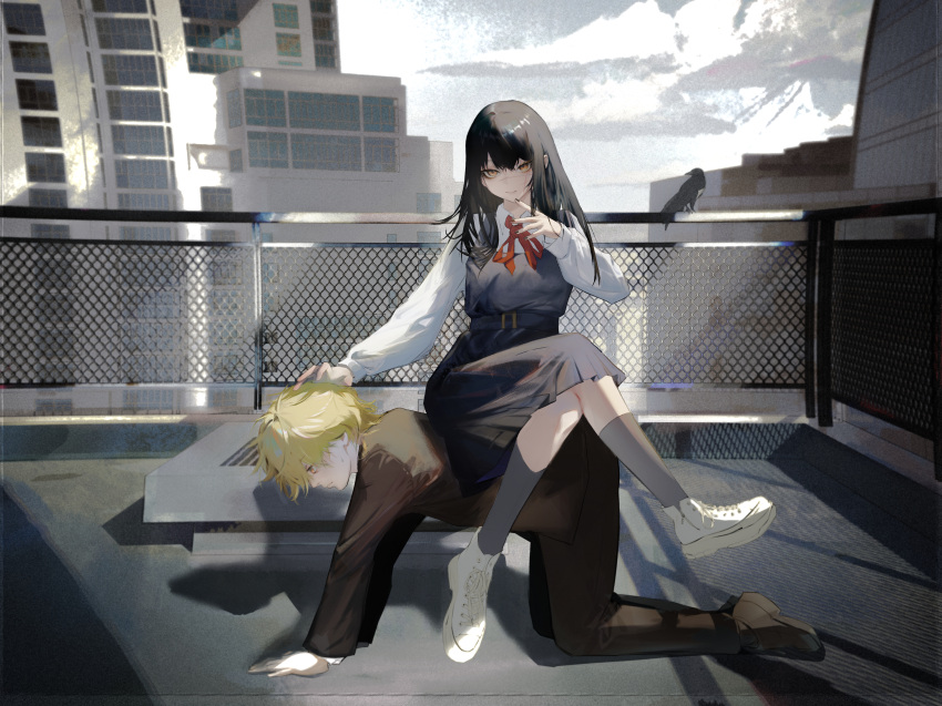 1boy, 1girl, absurdres, all_fours, bird, black_dress, black_hair, black_jacket