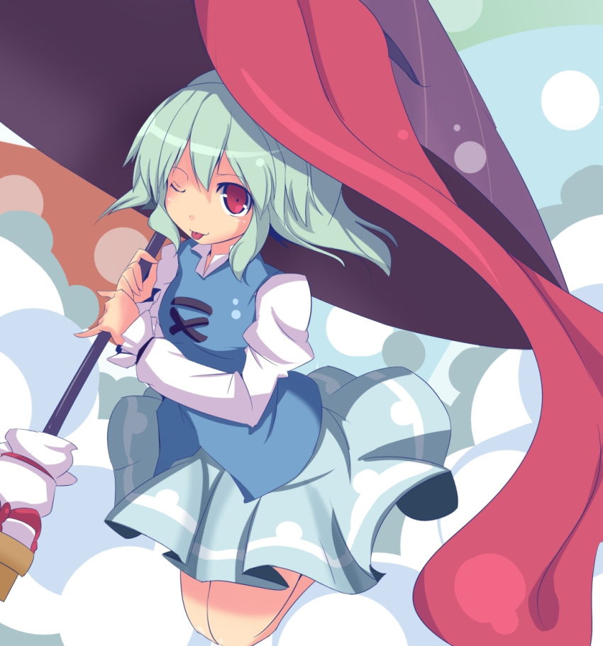 :p, bad_id, blue_dress, blue_hair, dress, green_hair, huge_tongue, jumping