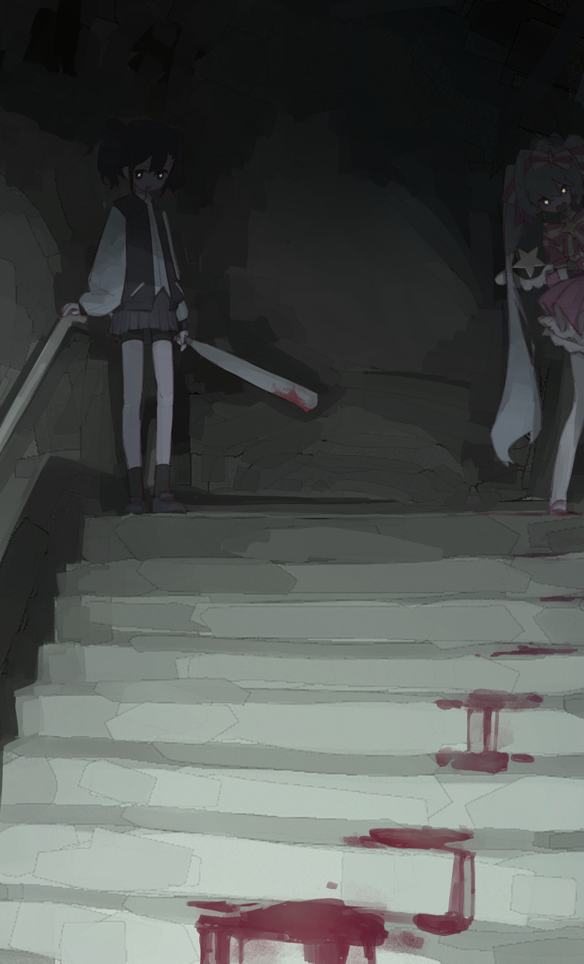 2girls, absurdres, alternate_costume, alternate_hair_color, alternate_hair_length, alternate_hairstyle, baseball_bat, bike_shorts, black_hair, black_skirt, black_socks, blood, blood_on_weapon, blue_hair, dark, dress, dual_persona, glowing, glowing_eyes, hand_on_railing, hatsune_miku, highres, holding, holding_baseball_bat, holding_weapon, ima_sugu_rinne_(vocaloid), indoors, jacket, leaning_to_the_side, letterman_jacket, long_hair, looking_at_viewer, magical_girl, multiple_girls, open_mouth, pink_dress, pleated_skirt, pool_of_blood, railing, school_uniform, shirt, short_dress, short_hair, skirt, smile, socks, stairs, standing, star-shaped_pupils, star_(symbol), symbol-shaped_pupils, traffic_(ntraffic1), very_long_hair, vocaloid, weapon, white_shirt, wide_shot