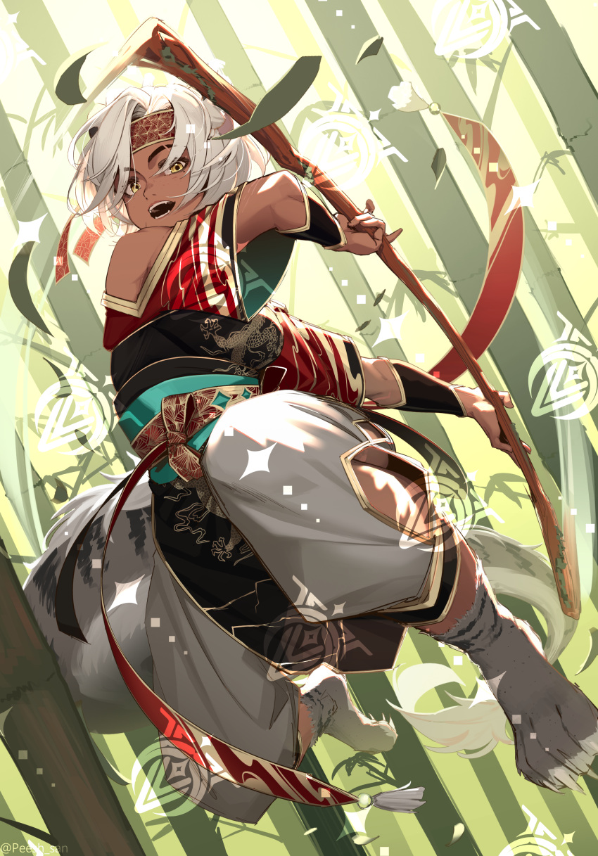 1girl, absurdres, animal_feet, bamboo, bamboo_forest, copyright_notice, dragon_print, forest