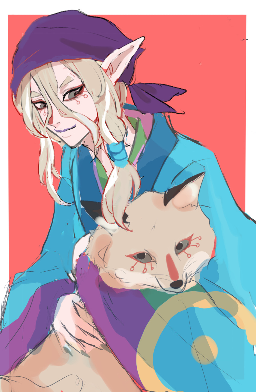 1boy, absurdres, animal_on_arm, aqua_robe, blonde_hair, dog, gekijouban_mononoke, highres