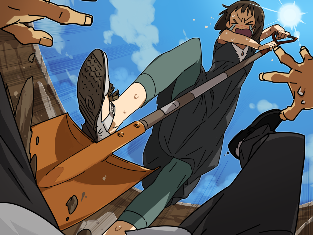>_<, 1boy, 1girl, black_dress, black_pants, blue_sky, blush, brown_hair