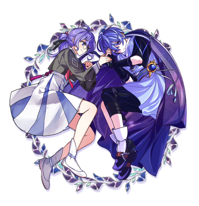 1boy, 1girl, adapted_costume, ahoge, alternate_costume, black_jeogori, black_shoes, blue_eyes