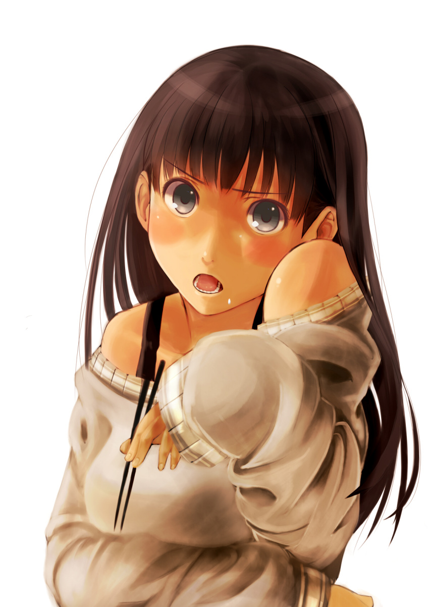 1girl, amagami, ayatsuji_tsukasa, bare_shoulders, black_eyes, brown_hair, chopsticks, food