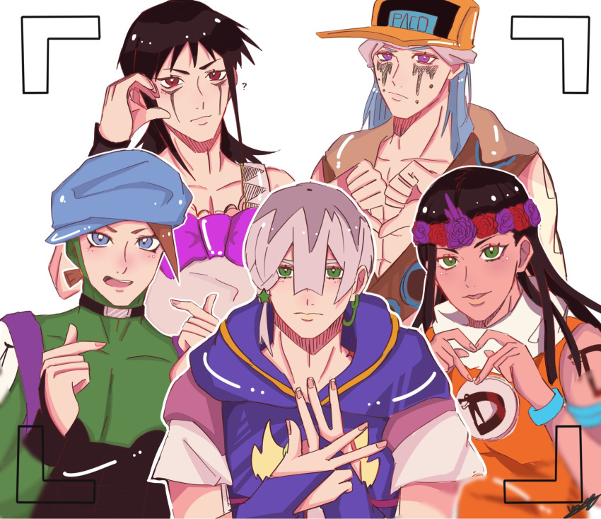 4boys, arm_tattoo, baseball_cap, black_bridal_gauntlets, black_choker, black_hair, blue_bridal_gauntlets, blue_eyes