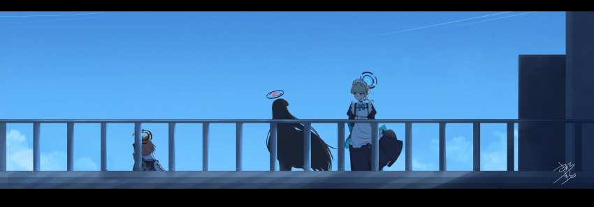 3girls, absurdres, ahoge, apron, black_dress, black_hair, black_halo, blonde_hair