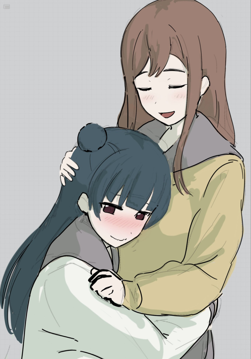 2girls, :d, blue_hair, blush, brown_hair, closed_eyes, closed_mouth, grey_background, grey_sailor_collar, grid_background, hair_bun, headpat, highres, hug, kunikida_hanamaru, long_hair, long_sleeves, love_live!, love_live!_sunshine!!, mortdecai, multiple_girls, nose_blush, open_mouth, sailor_collar, school_uniform, serafuku, shirt, single_side_bun, smile, sweater, tsushima_yoshiko, uranohoshi_school_uniform, violet_eyes, wavy_mouth, white_shirt, winter_uniform, yellow_sweater, yuri