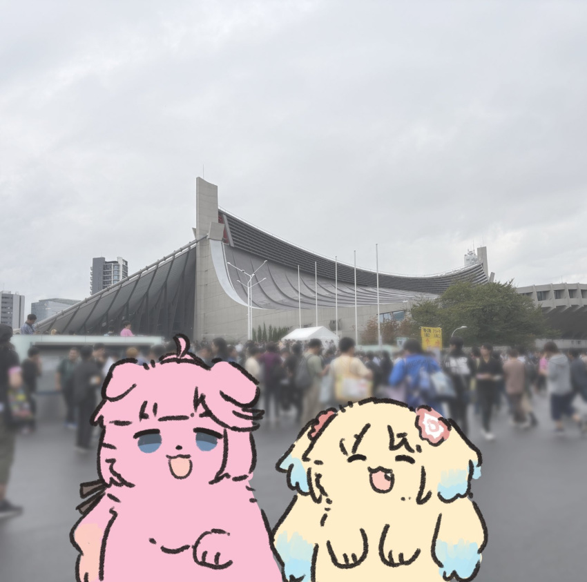5th_live_tour_~4pair_power_spread!!!!~, :3, :d, ^_^, animal_focus, animal_with_hair, animalization, anyoji_hime, ao_kaeru, black_ribbon, blue_eyes, closed_eyes, commentary, facing_viewer, gradient_hair, hair_ribbon, highres, link!_like!_love_live!, looking_at_viewer, love_live!, mira-cra_park!, multi-tied_hair, multicolored_hair, open_mouth, osawa_rurino, people, photo_background, ponytail, ribbon, shibuya_(tokyo), sidelocks, smile, symbol-only_commentary, tokyo_(city), twintails, virtual_youtuber, yoyogi