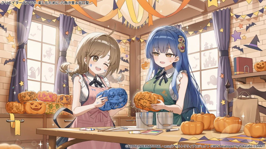 2girls, ;d, ando_tazusa, apron, assault_lily, bare_arms, black_ribbon, black_skirt