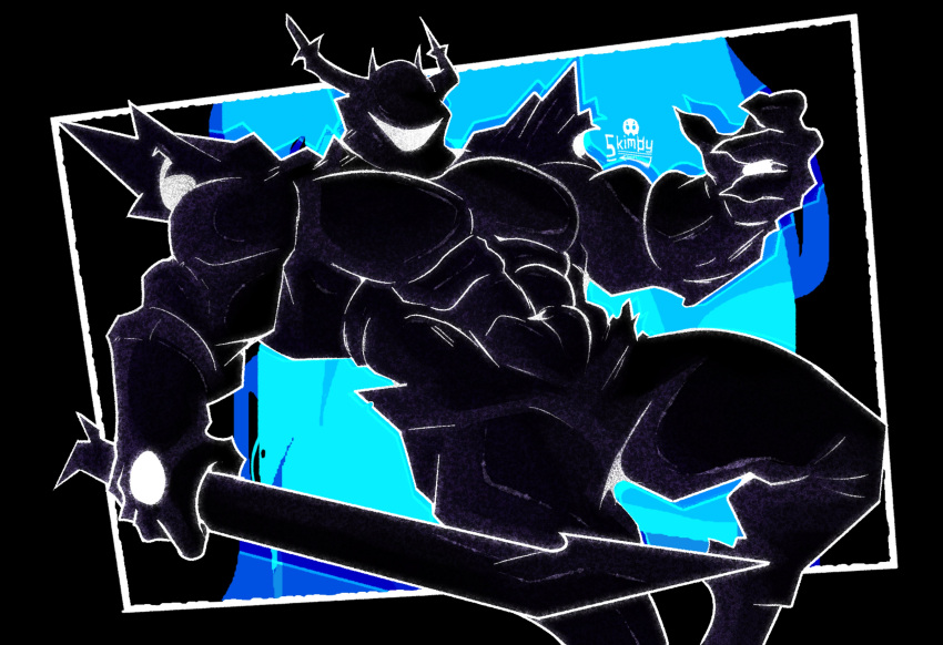 1other, abs, absurdres, armor, artist_name, black_armor, claws, deltarune, english_commentary, fake_horns, helmet, highres, holding, holding_sword, holding_weapon, horned_helmet, horns, looking_at_viewer, muscular, navel, pectorals, roaring_knight, skimpybun, sword, utdr_(toby_fox), weapon
