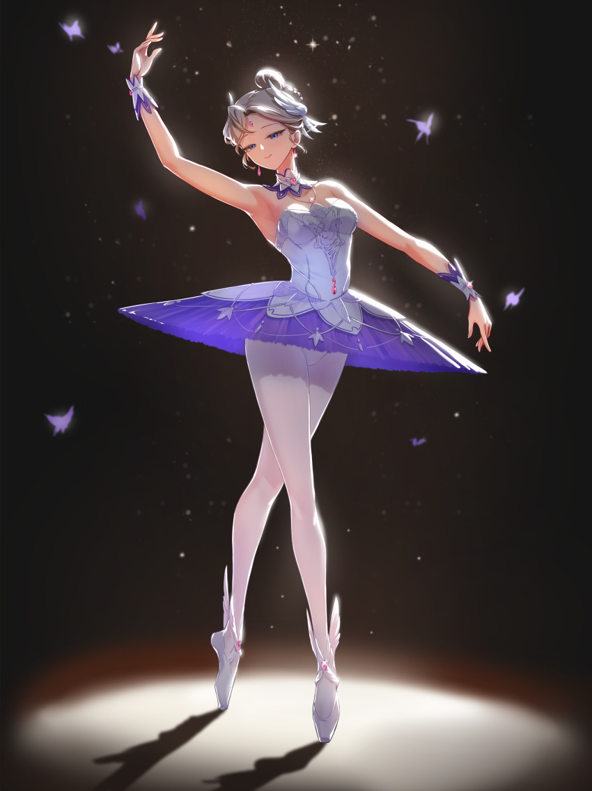 absurdres, armpits, ballet, ballet_(ensemble_stars!), ballet_dress, highres, jie_tou_deng_shan_ke, original, pantyhose, presenting_armpit, purple_skirt, short_hair, skirt, thigh_focus, tutu, white_pantyhose
