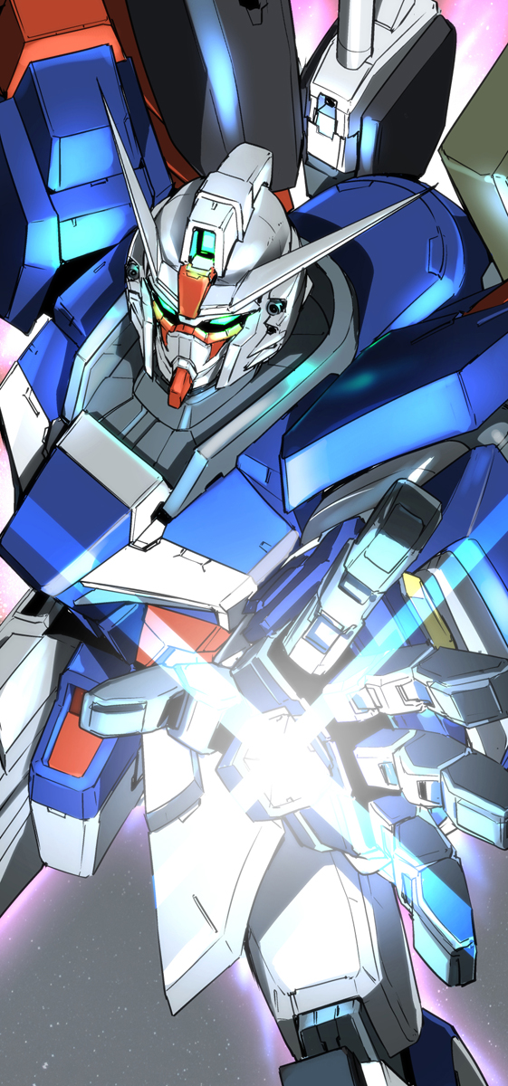 aqua_eyes, commentary, destiny_gundam_spec_ii, glowing, glowing_hand, gundam, gundam_seed, gundam_seed_freedom