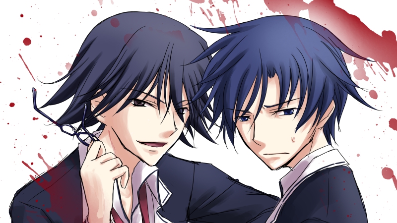 2boys, black_hair, blue_hair, chaos;child, embarrassed, hekiho_academy_school_uniform, implied_yaoi, itou_shinji_(chaos;child), male_focus, miyashiro_takuru, multiple_boys, necktie, nervous_sweating, robber-krzk, school_uniform, science_adventure, short_hair, smile, smug, stolen_eyewear, sweat, unworn_eyewear