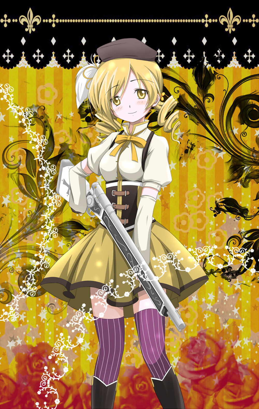 beret, blonde_hair, boots, breasts, corset, detached_sleeves, drill_hair, flower