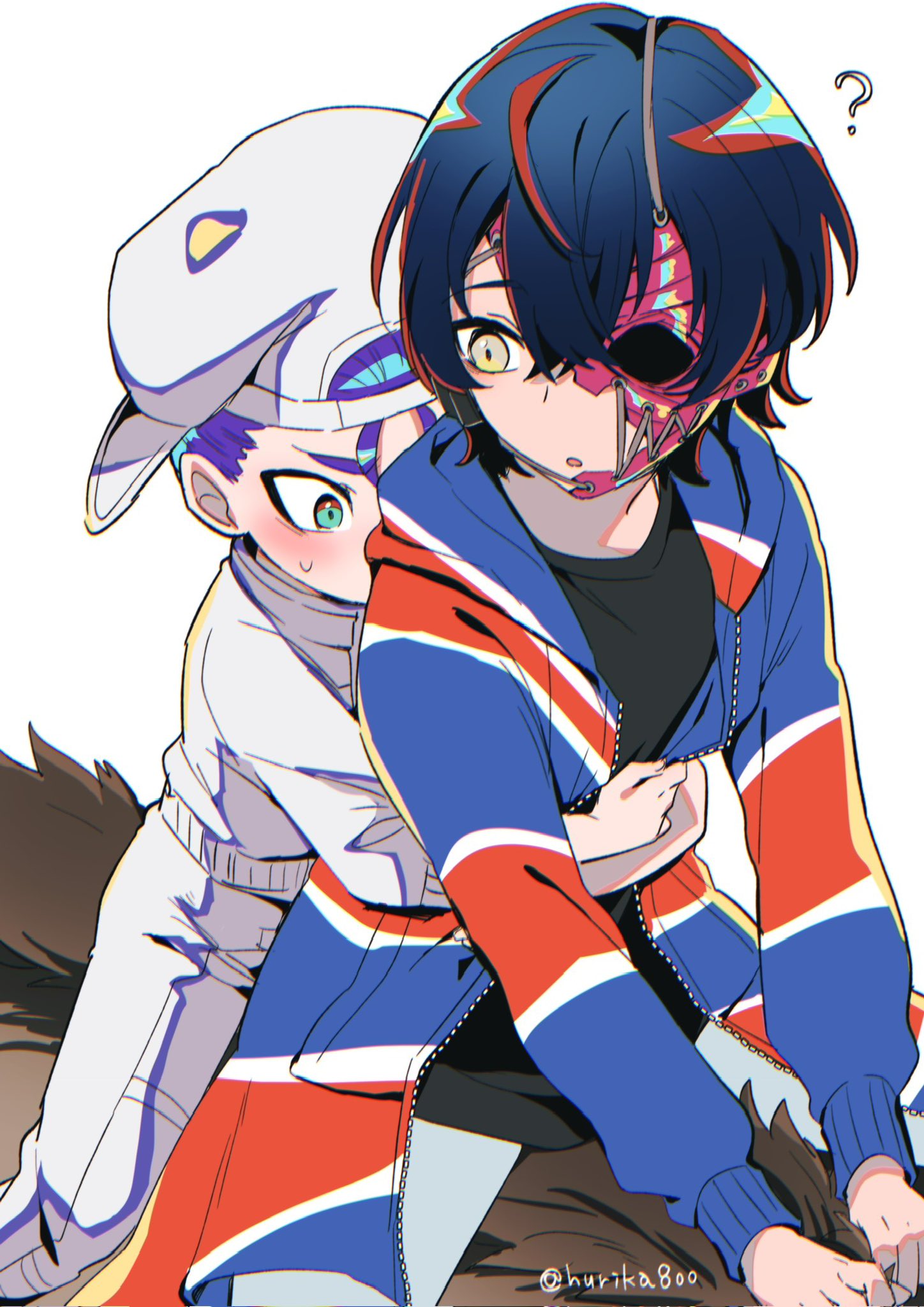 1boy, 1girl, :o, ?, black_hair, black_shirt, blue_eyes, blush