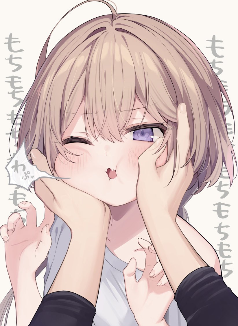 1girl, ahoge, blush, brown_hair, cheek_squash, commentary_request, disembodied_hand, ebihara_beniko