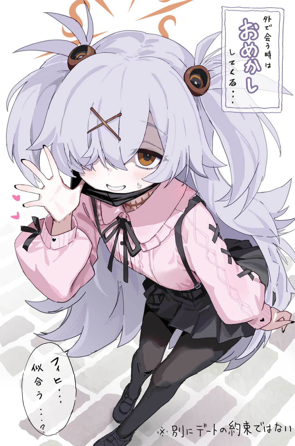 1girl, arm_up, bags_under_eyes, black_choker, black_eyes, black_nails, black_pantyhose, black_ribbon