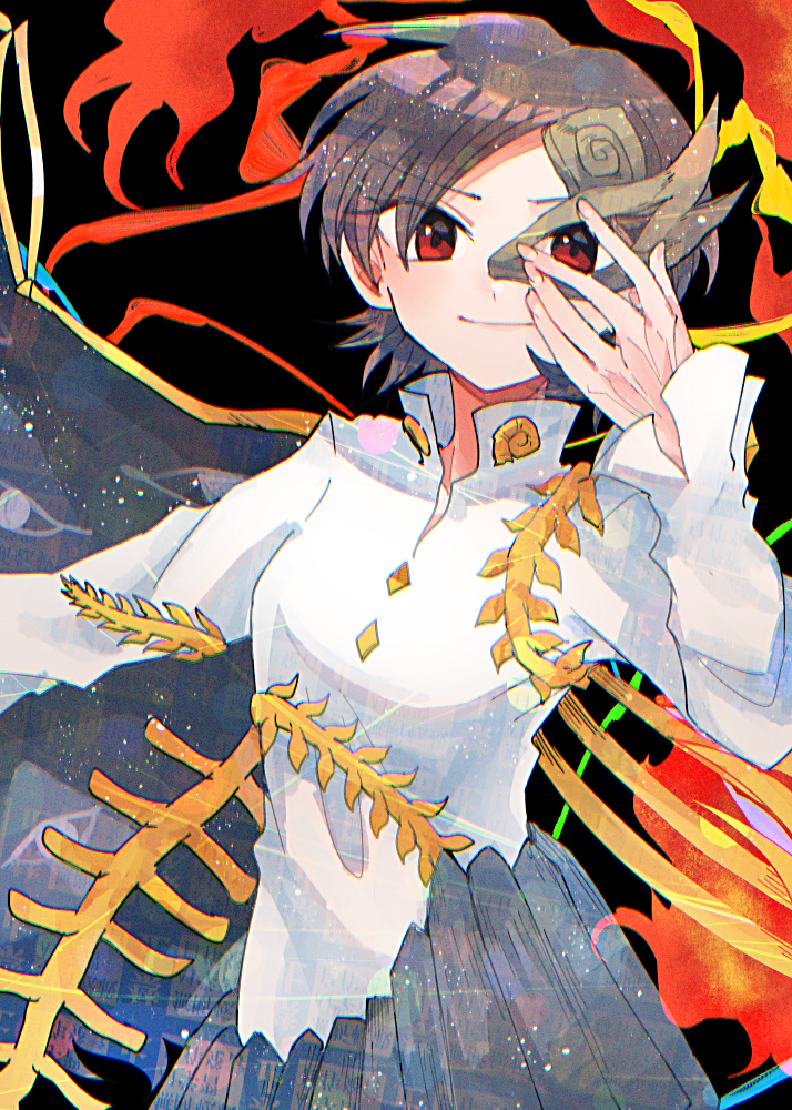 1girl, asymmetrical_wings, bone, brown_mask, dinosaur_skeleton, eye_of_providence, eye_print, eyes_on_wings