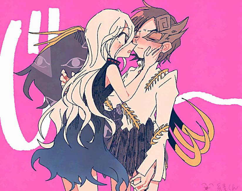 2girls, asymmetrical_wings, blush, bone, brown_mask, closed_eyes, dinosaur_skeleton, dress