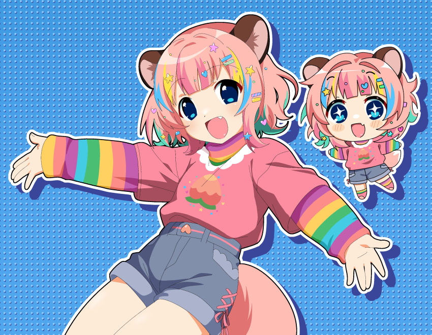 1girl, absurdres, animal_ears, bk_(barakoodra), blue_eyes, blush, denim, denim_shorts, fang, highres, indie_virtual_youtuber, multicolored_hair, open_mouth, pink_hair, rainbow_shirt, shirt, shorts, smile, t-shirt, turtleneck