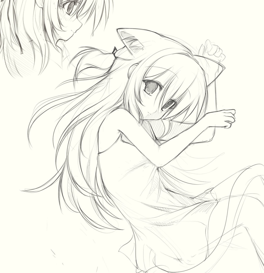 1girl, 2000s_(style), animal_ears, cat_girl, cat_tail, dress, faux_retro_artstyle, greyscale