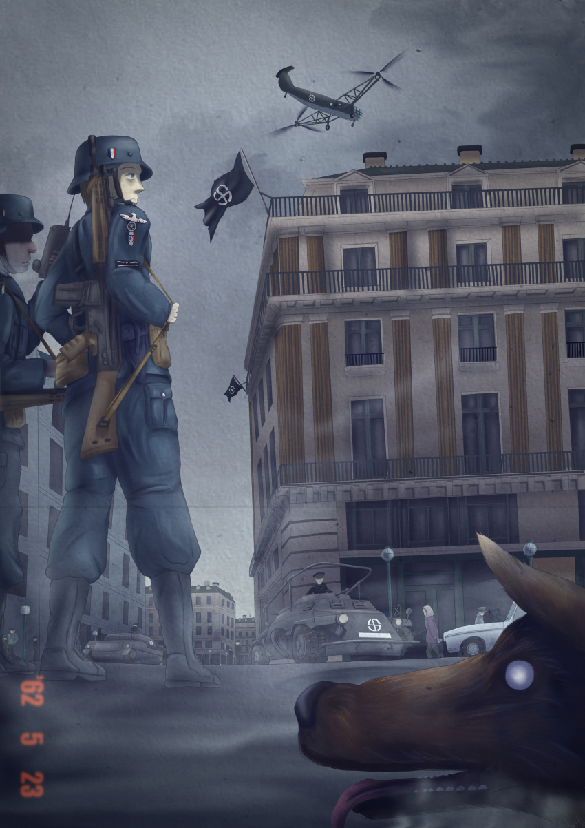 6+boys, absurdres, aircraft, ammunition_pouch, armored_car, assault_rifle, black_boots, black_sun