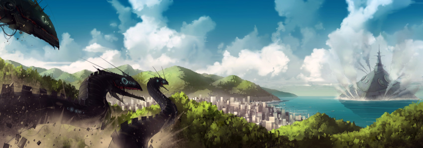 antennae, city, clouds, cloudy_sky, dragon, hill, ldt, non-humanoid_robot