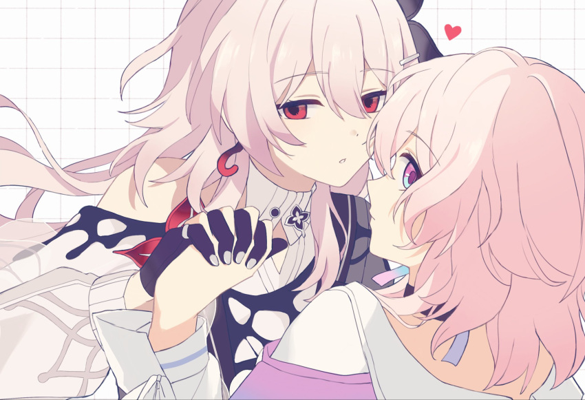 2girls, black_gloves, dual_persona, earrings, evernight_(honkai:_star_rail), gloves, hair_between_eyes, highres, honkai:_star_rail, honkai_(series), interlocked_fingers, jewelry, ki_ii37, long_hair, long_sleeves, looking_at_viewer, march_7th_(honkai:_star_rail), march_7th_(preservation)_(honkai:_star_rail), multicolored_eyes, multiple_girls, pink_hair, red_eyes, ring, short_hair, simple_background, single_bare_shoulder