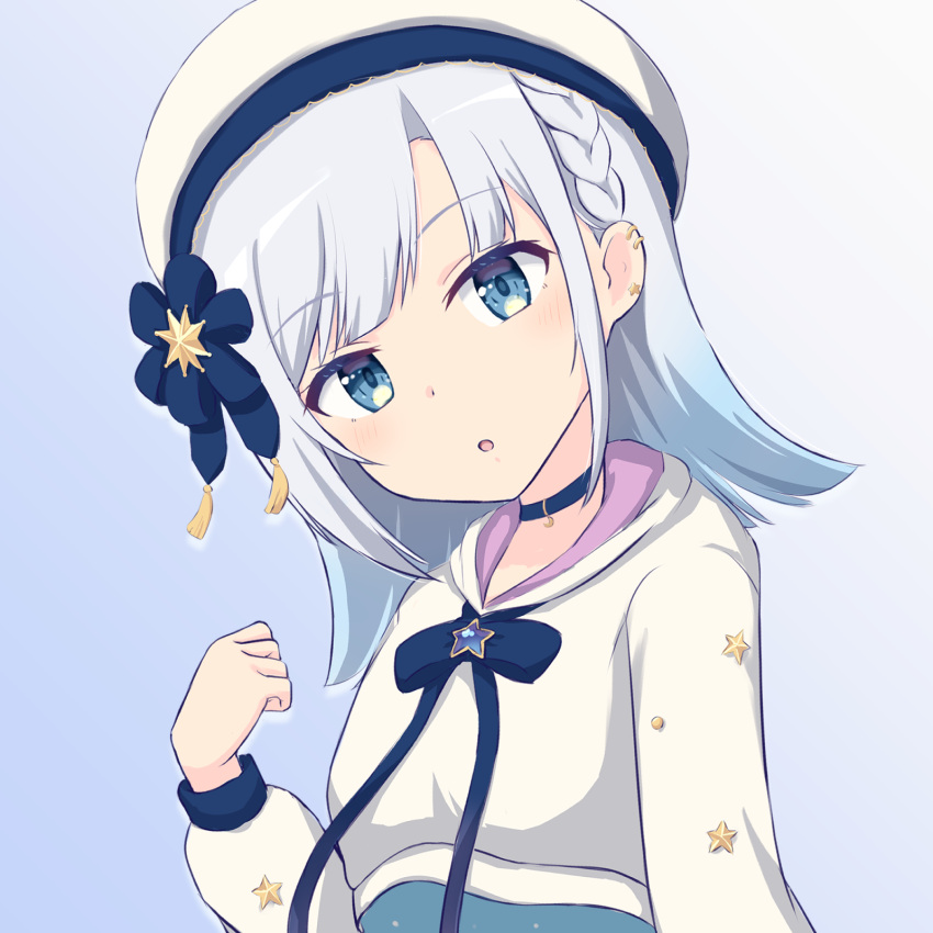 1girl, asumi_ririse, beret, blue_eyes, braid, grey_hair, hat, highres, itoya_1108, jacket, looking_at_viewer, medium_hair, pantyhose, shirt, simple_background, voicepeak