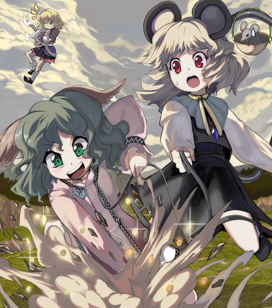 animal_ears, blonde_hair, capelet, collar, commentary_request, digging, floating, flying