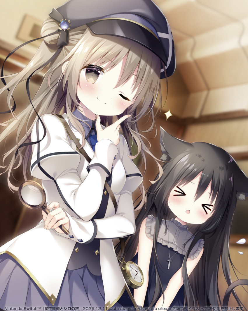 >_<, 2girls, :o, ;), animal_ear_fluff, animal_ears, black_dress, black_hair